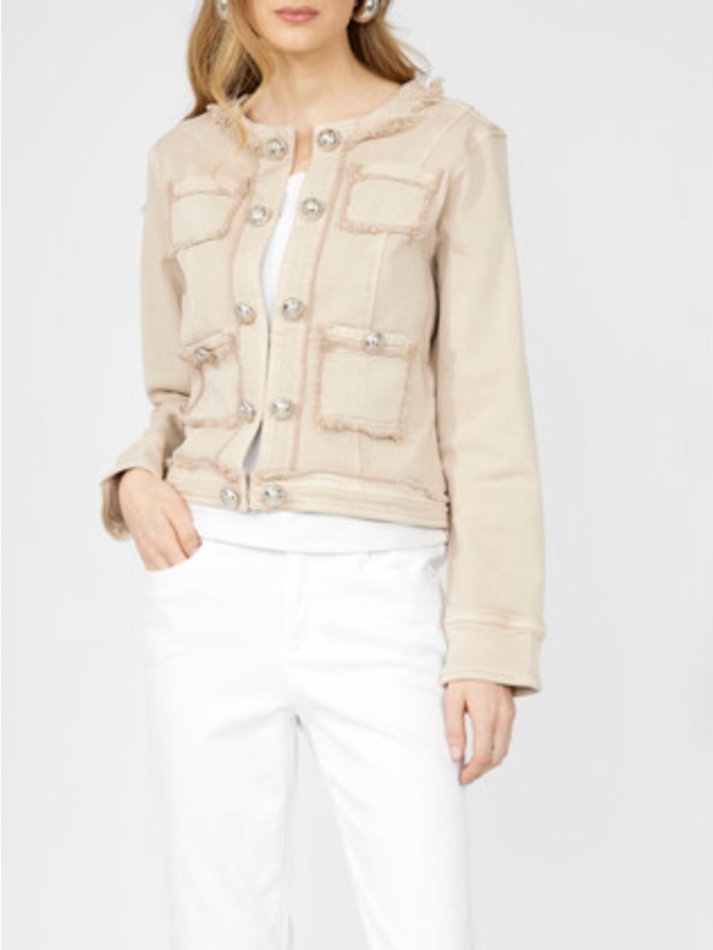 Beige Frayed-Trim Women's Military Jacket